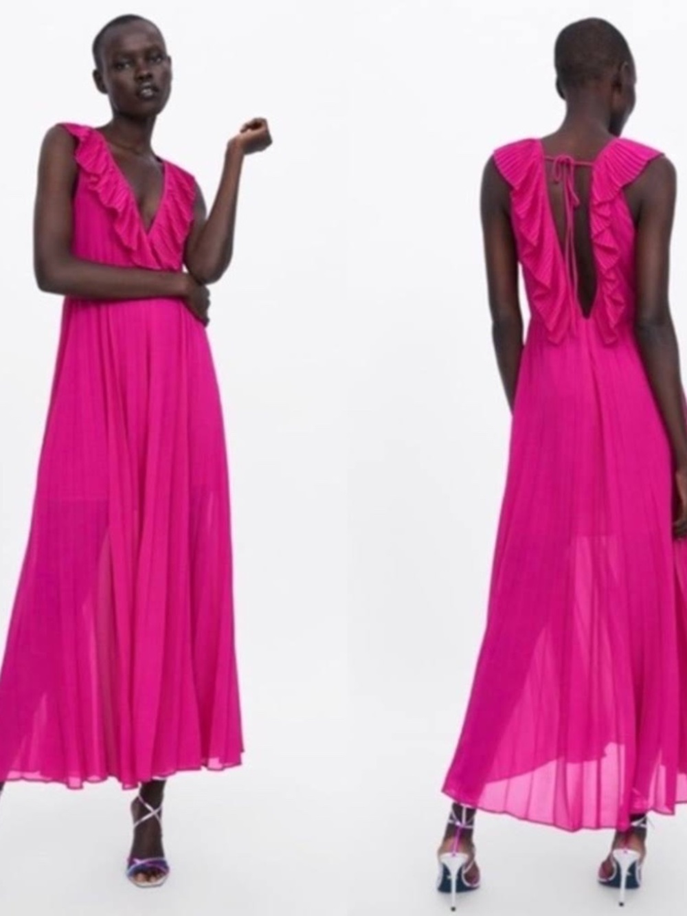Zara Pleated V Neck Maxi Dress